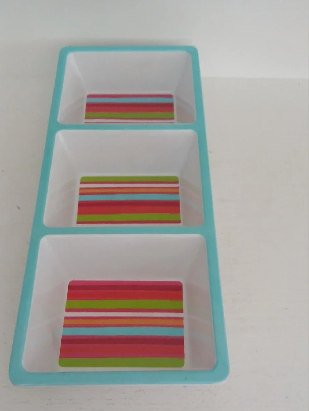 White Triple Serving Dish with Turquoise Rim and Multicolor Stripes